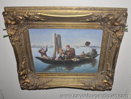 Russian Oil Painting Fishing Family Maritime Portrait Gilt Frame